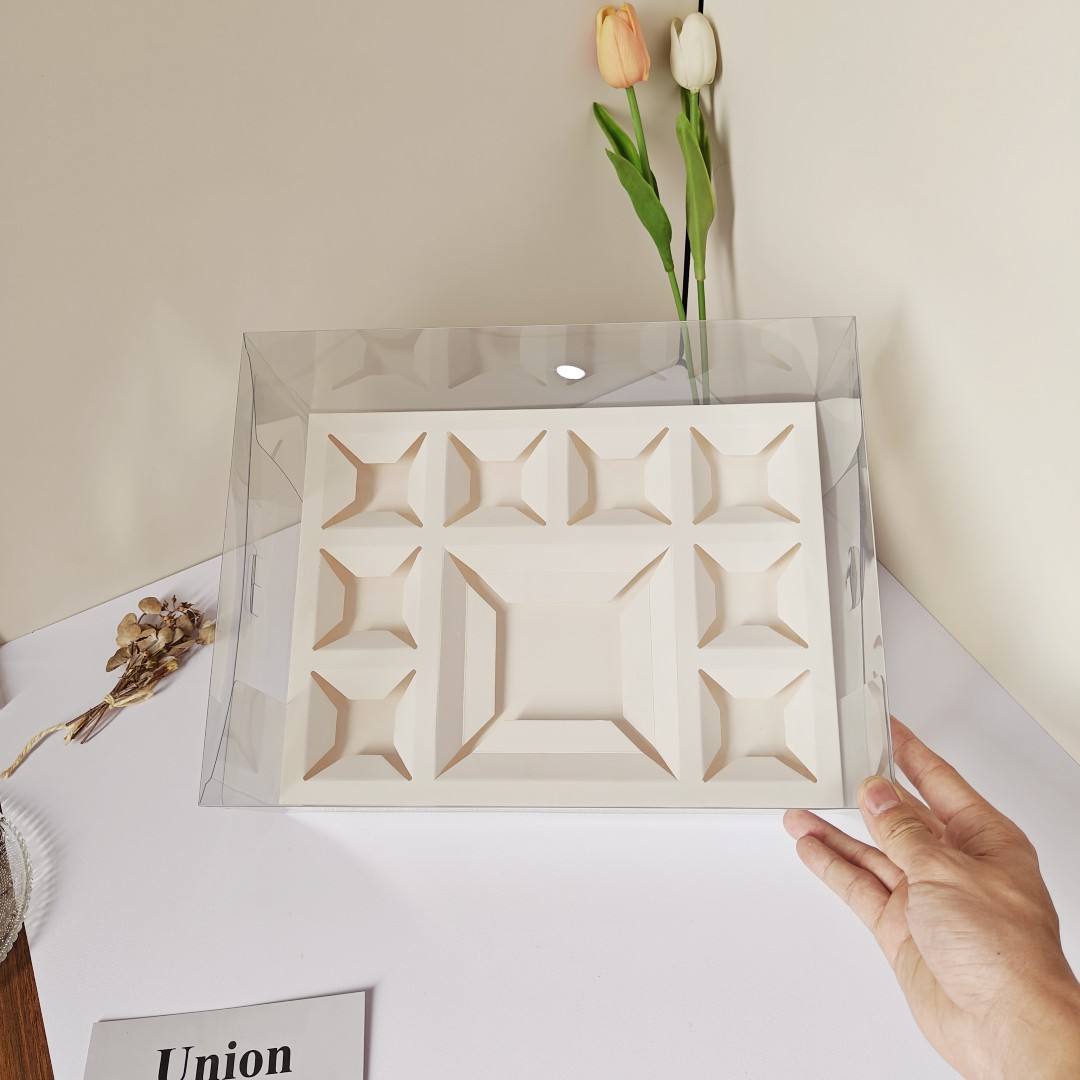 Boîte à gâteaux transparente en papier, compartimentée en 8 petits gâteaux carrés - Blanc