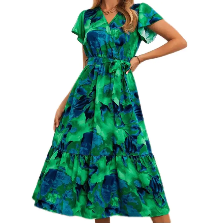 Vestido de verão feminino cor azul verde manga curta com decote em V casual moda feminina