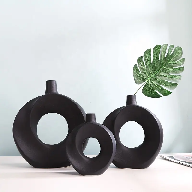Florero de cerámica minimalista para rosquilla, accesorios de decoración para el hogar, estilo bohemio, en color negro, circular, nórdico