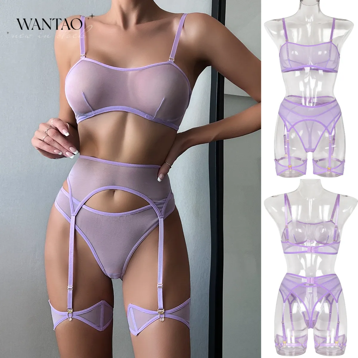 Nuevo conjunto de lencería sexy desnuda transparente de alta calidad conjunto de lencería púrpura lavanda de tres piezas