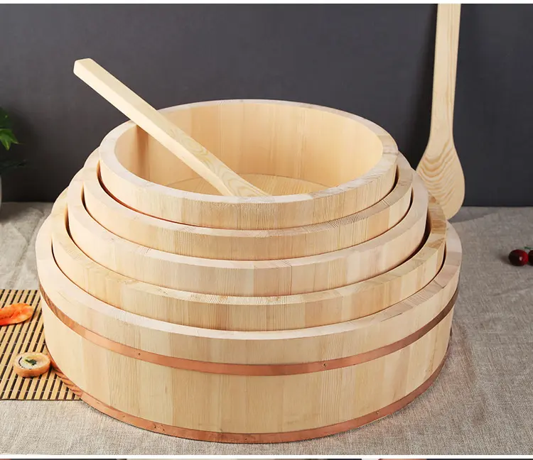Bambus-plato de madera de pino blanco para Sushi, Cubo de mezcla de arroz, barril de cobre para Chirashi