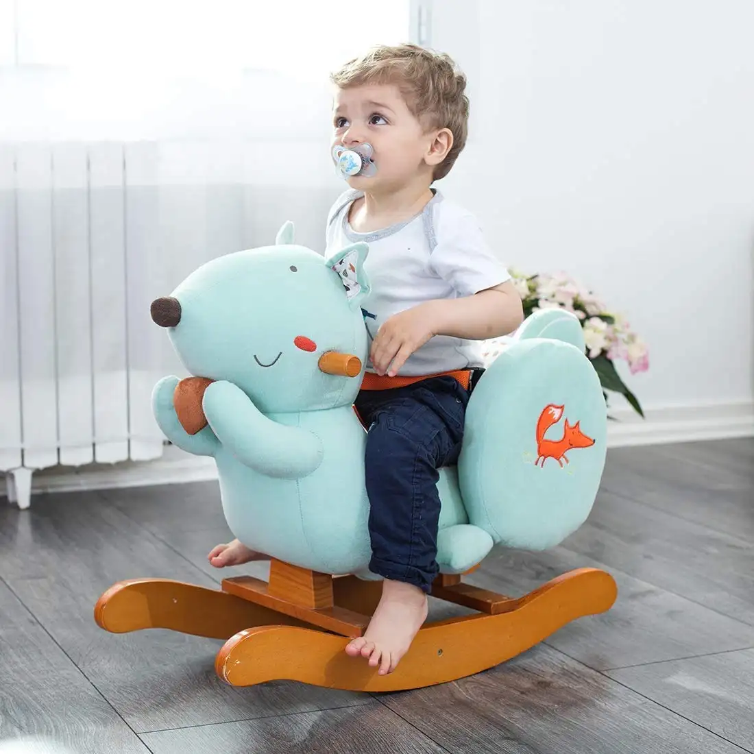 Labebe farcito regalo bambino scoiattolo blu peluche peluche sedia a dondolo bambino cavallo a dondolo sedia a dondolo in legno
