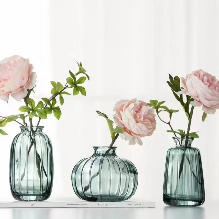 Listo para enviar, nuevo jarrón de cristal barato soplado creativo, decoración de Mesa para el hogar, jarrón de cristal pequeño de Color de flor transparente