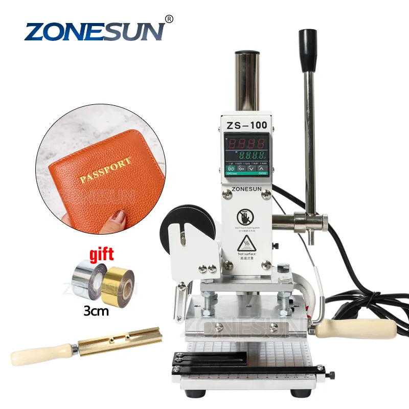 ZONESUN เครื่องปั๊มลายนูนด้วยตนเอง,เครื่องหนังไม้เครื่องรีดความร้อนตัวอักษรเครื่องปั๊มฟอยล์ร้อนปี ZS100