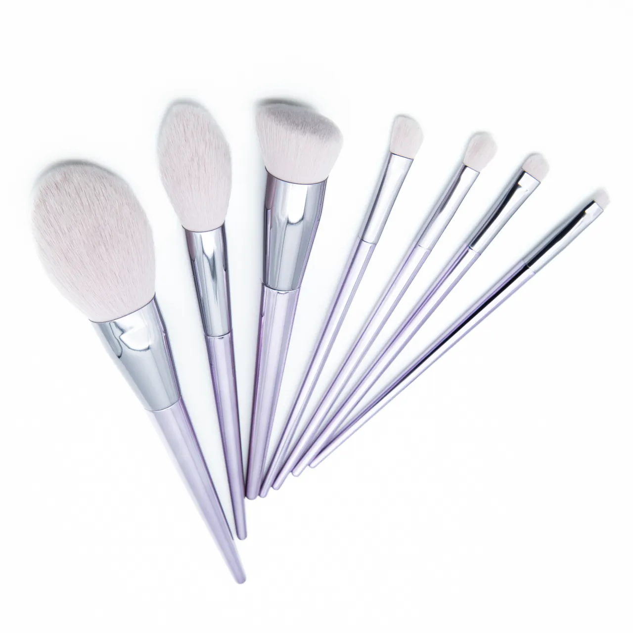 Alta Qualidade 7-Piece Lavender Essencial Maquiagem Brush Set com Purple Metallic Plastic Handle para Aplicação Rosto