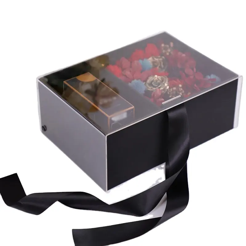 Gift box forever flower surprise hand gift box square transparent acrylic flower packaging box for flowers