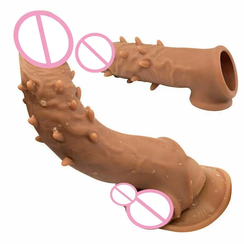 Realistische Silikon wieder verwendbare verlängerte Penis Ärmel Kondom wasch bar Spike Zunge Penis vergrößerung Großes Dildo Kondom für Männer Frauen