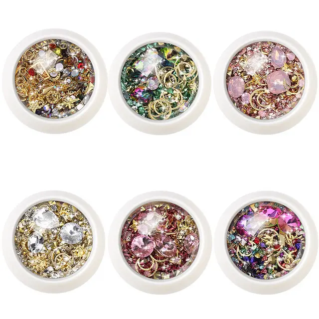 Bijoux d'ongles en métal de forme mixte, 3D, clous à ongles ajourés, cristaux, perles, strass, Art de manucure et de pédicure, décorations, 1 boîte
