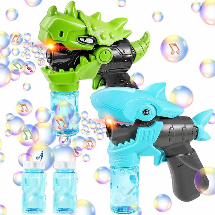 Gran oferta de verano para niños Dino Bubbles Shooter Dinosaur Bubble Gun con luz LED intermitente y sonido