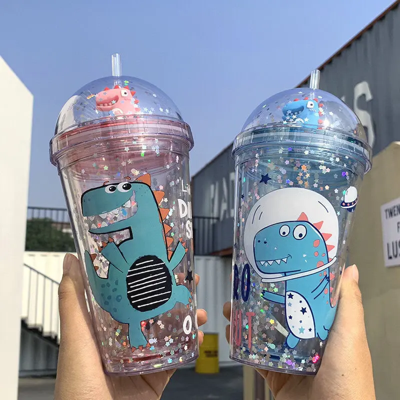 Nuevo diseño acrílico verano Cool Ice Cup dibujos animados doble pared plástico transparente chico botellas de agua con pajita
