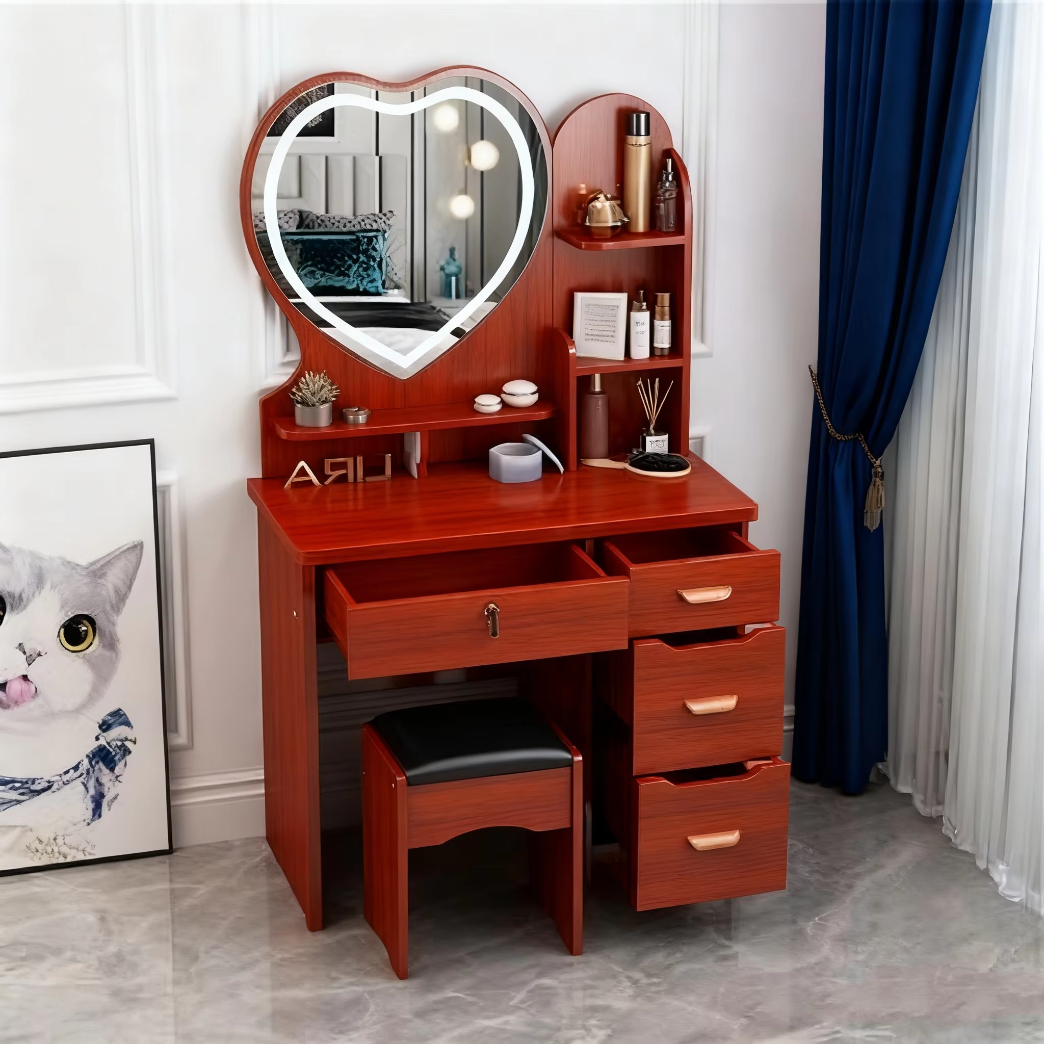 Meuble de rangement droit lumineux en forme de cœur, couleur bois fruitier