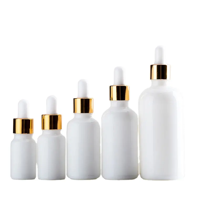 10ml 30ml 50ml 100ml emballage en porcelaine blanche flacons compte-gouttes d'huile pour cheveux bouteille de pipette cosmétique en verre vide avec couvercle en or