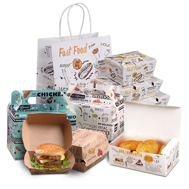 Impresión personalizada para llevar, caja de embalaje plegable de papel kraft, comida rápida, pollo fritado, alas