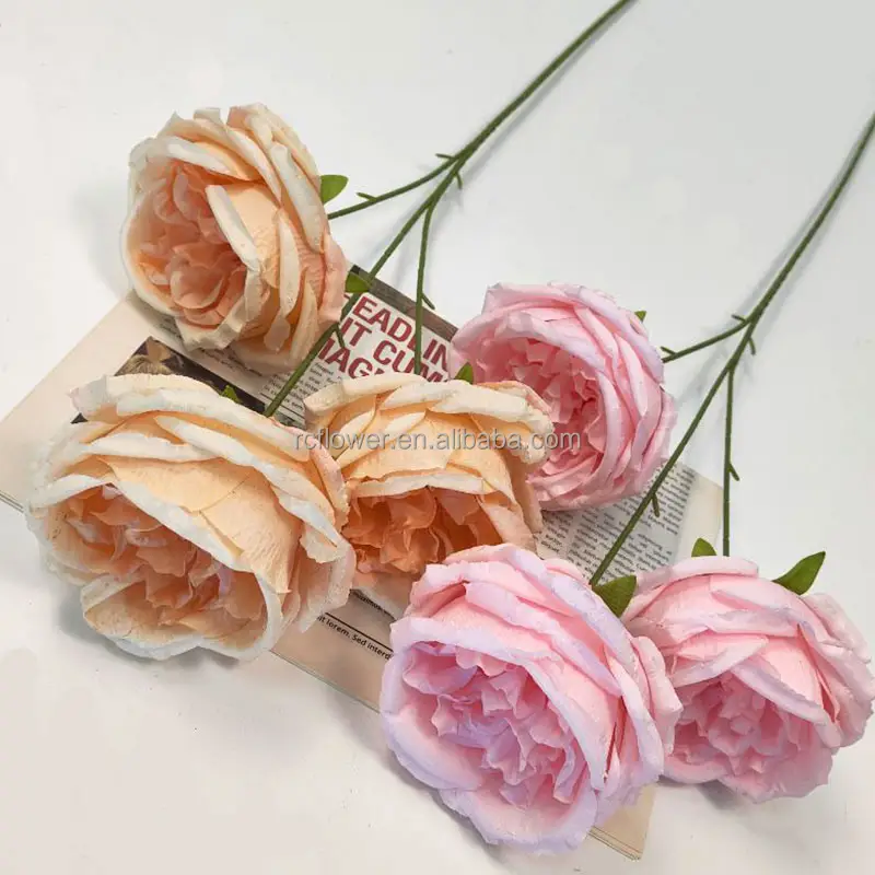 Decoración DE BODA artificial, flor rosa de seda, peonía, venta al por mayor, 3 cabezas, ramo de rosas azules, flores florales