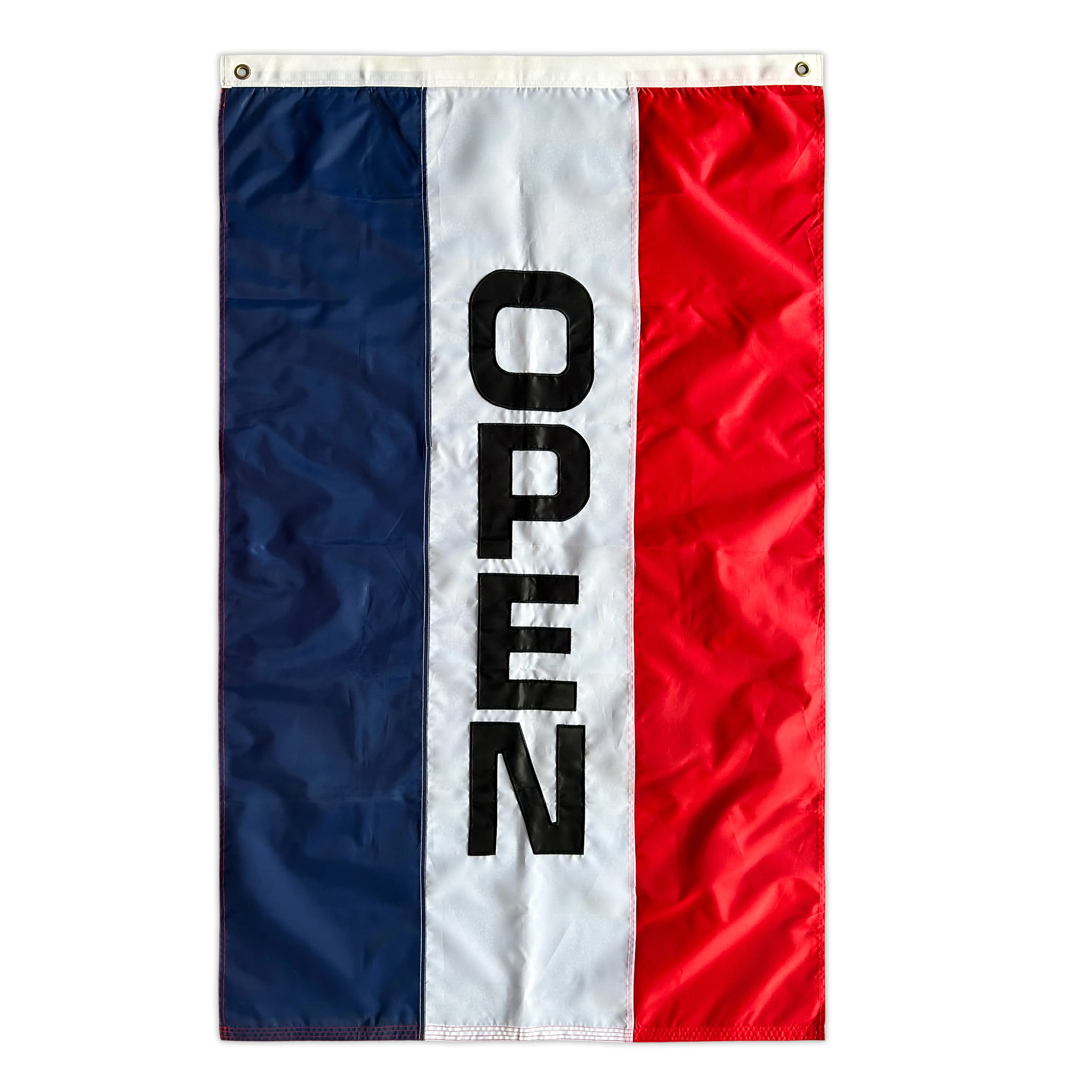 Premium Luxury Embroidery Applique Vertical OPEN Banner Flag with Brass Grommets at Top 4 Stitching at Flying Hem OPEN Sign