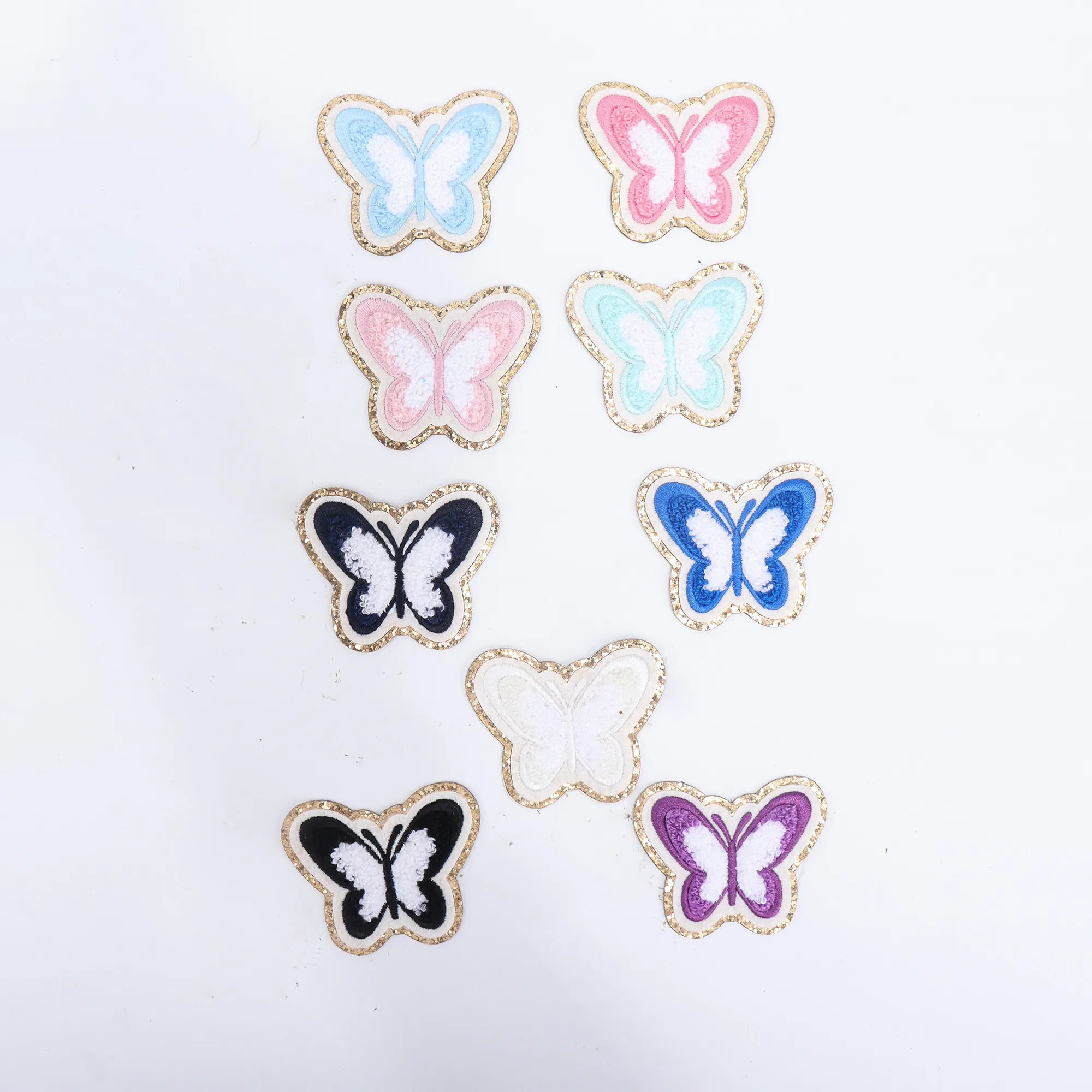 New Arrival Stock Custom Designer Stick On Fashion Cute Butterfly Flower Patches Self Adhesive Pink Bag Chenille Patch