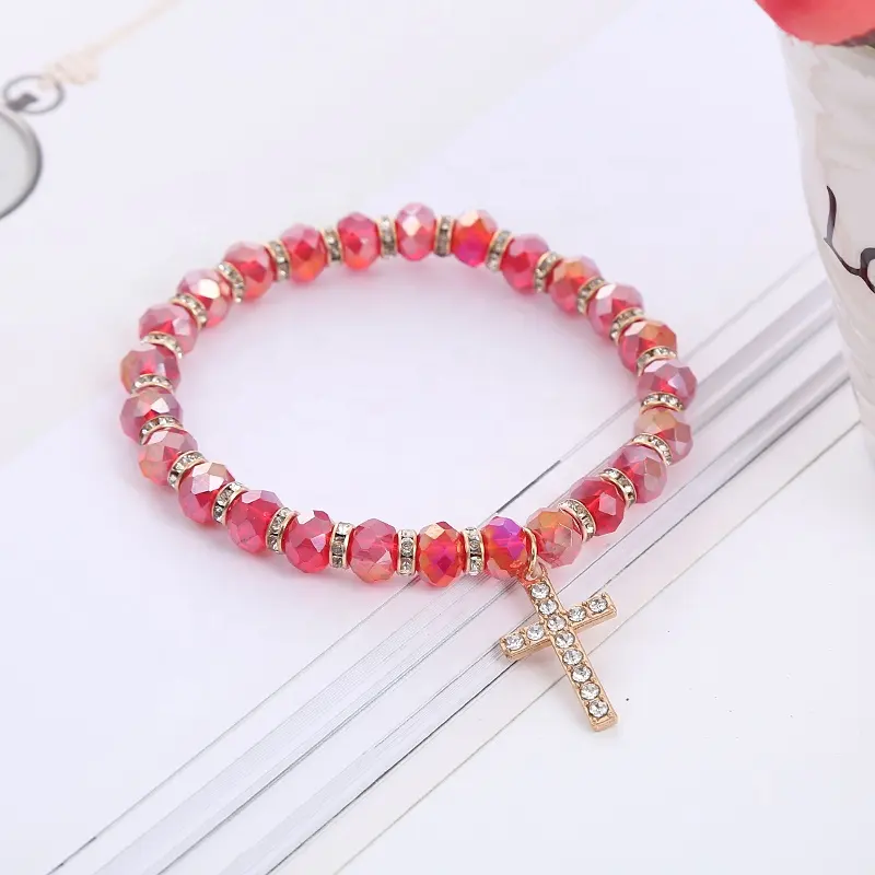 Pulsera de cuentas de cristal de colores para mujer, pulsera de cuentas hechas a mano con colgantes de Cruz de diamante