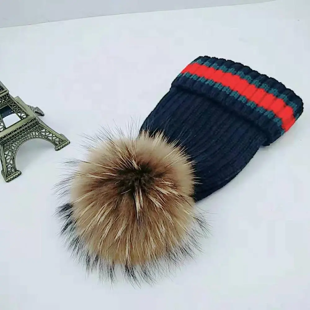 Bonnet en fourrure de raton laveur, personnalisé, de haute qualité, pour femme, tricot avec pompon, accessoire d'hiver