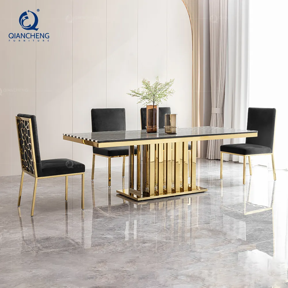 Conjunto de sala de jantar italiana, conjunto de alta brilho de mármore, decoração italiana, grande, de luxo, dourado, de casamento, cadeiras e mesas