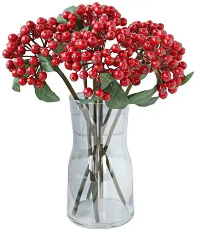 Peruca artificial vermelha com 6 peças, 11.8 '', haste única, holly, plantas, ramos para casa, escritório, festa, hotel, árvore de natal