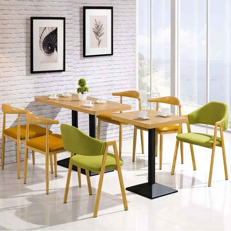 新しいモダンなデザイン木製レストラン家具金属テーブル脚コーヒーテーブルセットレストラン6人掛け長方形ダイニングテーブルセット