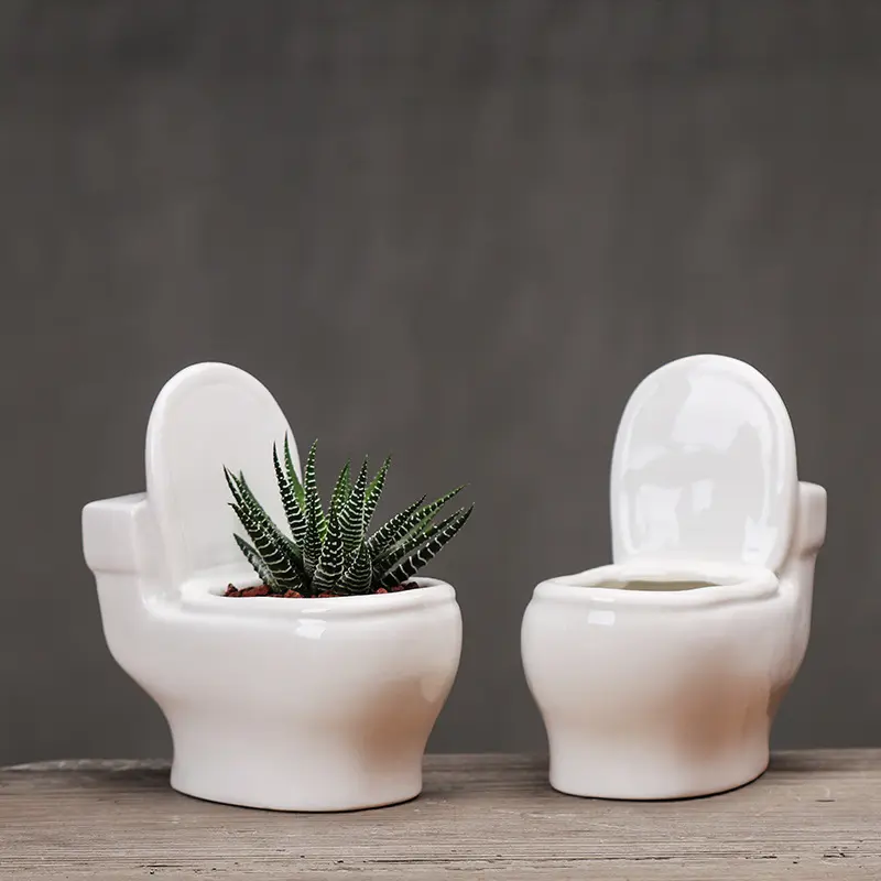 Pot bunga berkebun keramik putih kreatif grosir Pot bunga bentuk Toilet Mini dekorasi kantor rumah Modern