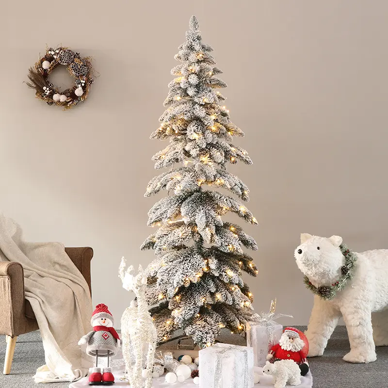 Precio de fábrica, 6 pies, 7 pies, 7,5 pies, 10 pies, árbol de Navidad flocado con nieve, árbol de Navidad artificial de PVC y PE