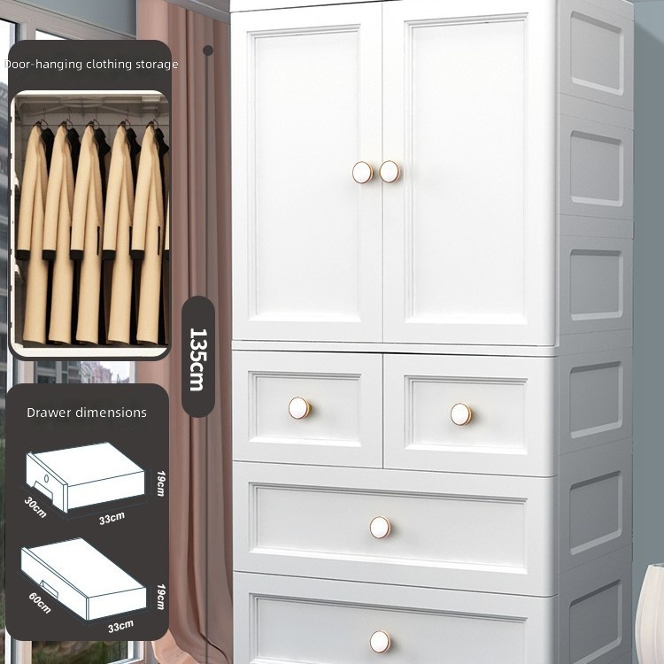 65cm wide hanging wardrobe with drawers-4 tiers-white