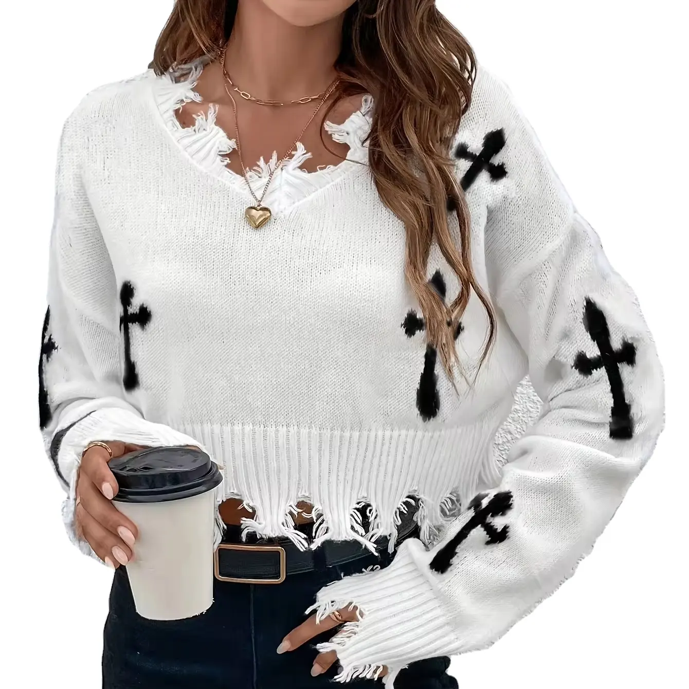 Custom Fashion Cross Pattern Drop Shoulder Sweater Fall and Winter Fashion Distressed Hole Breaking Long Sleeve Sweater