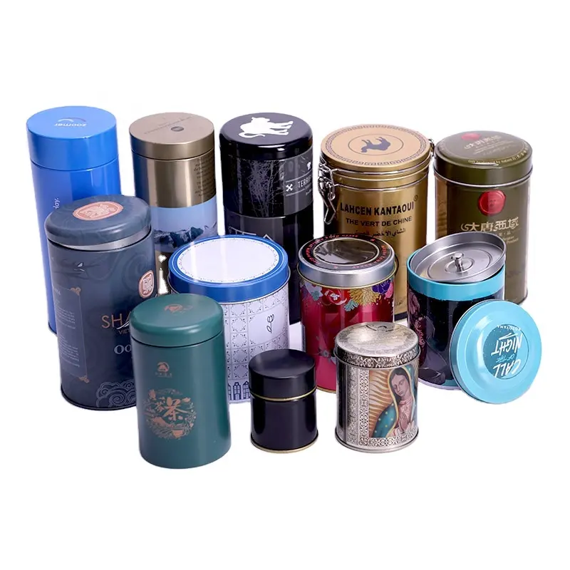 Custom printing round metal airtight loose tea tin can canister cylinder coffee bean storage container tin jar wholesale