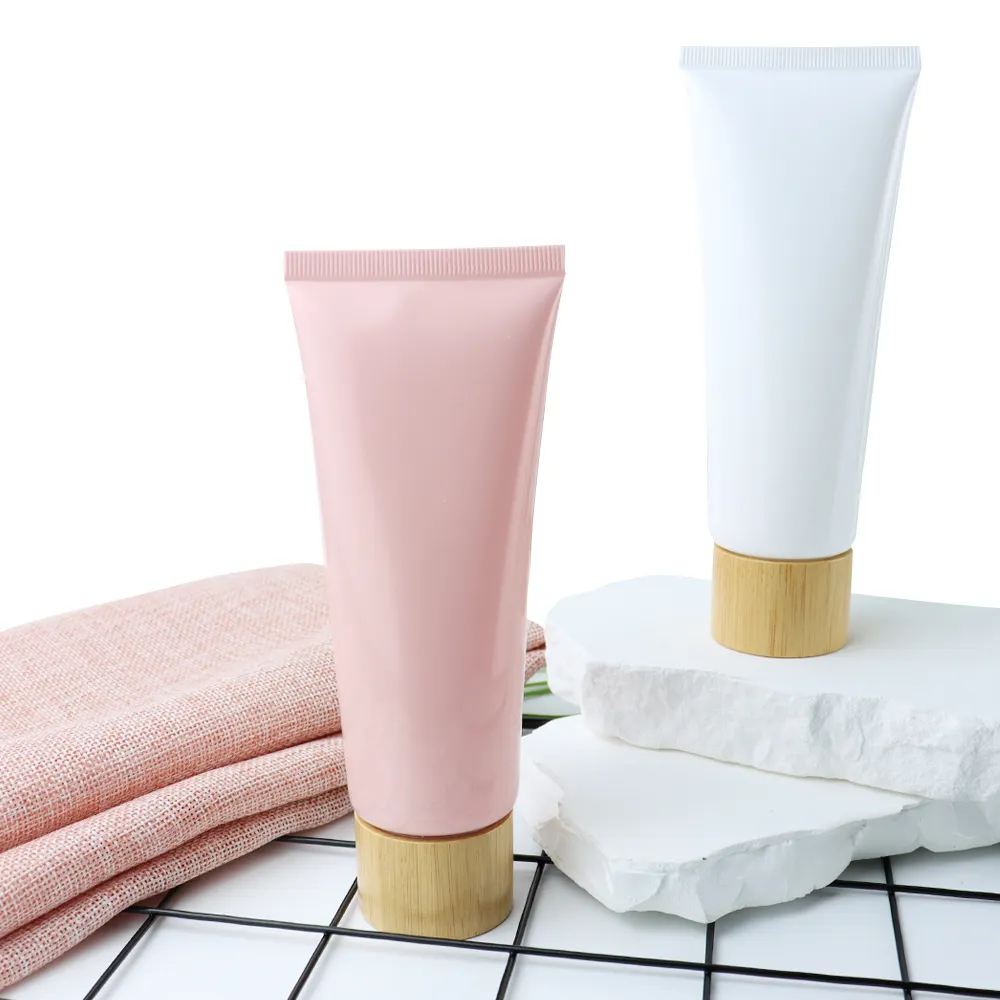 Cosmetic hose plastic packaging empty hair oil 50g 60g 80g 100g 120g 150g facial cleanser tube with bamboo lid