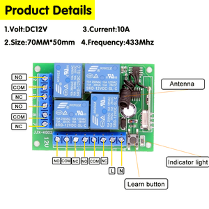 433 Mhz Controle Remoto Sem Fio Interruptor DC12V 4CH Relé Receptor Módulo RF Transmissor 433 Mhz Para Abridor De Porta De Garagem
