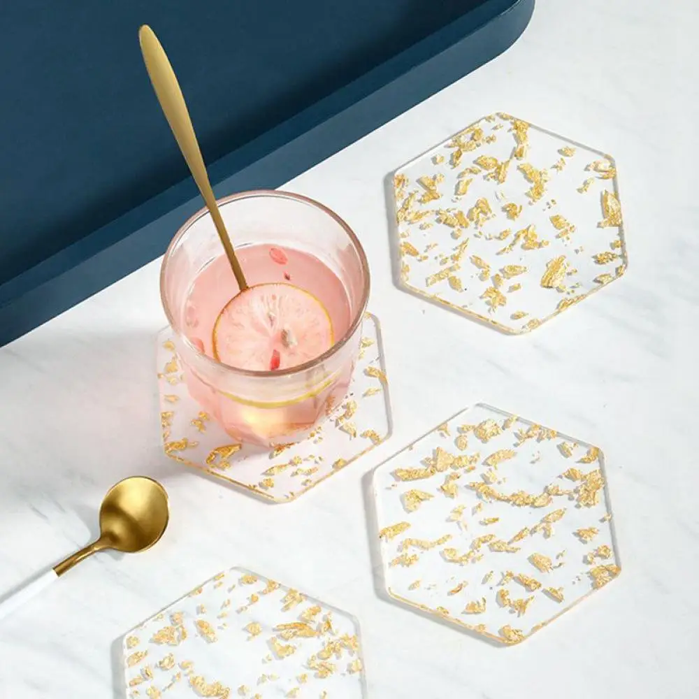 3mm kalın akrilik altın folyo Coaster yuvarlak altıgen İçecek altlıkları dağınık altın yaprak için bardak iç ev dekor
