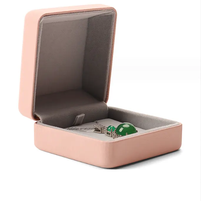 El más nuevo logotipo Rosa personalizar colgante caja de embalaje de joyería PU cuero metal joyero para exhibición de collar