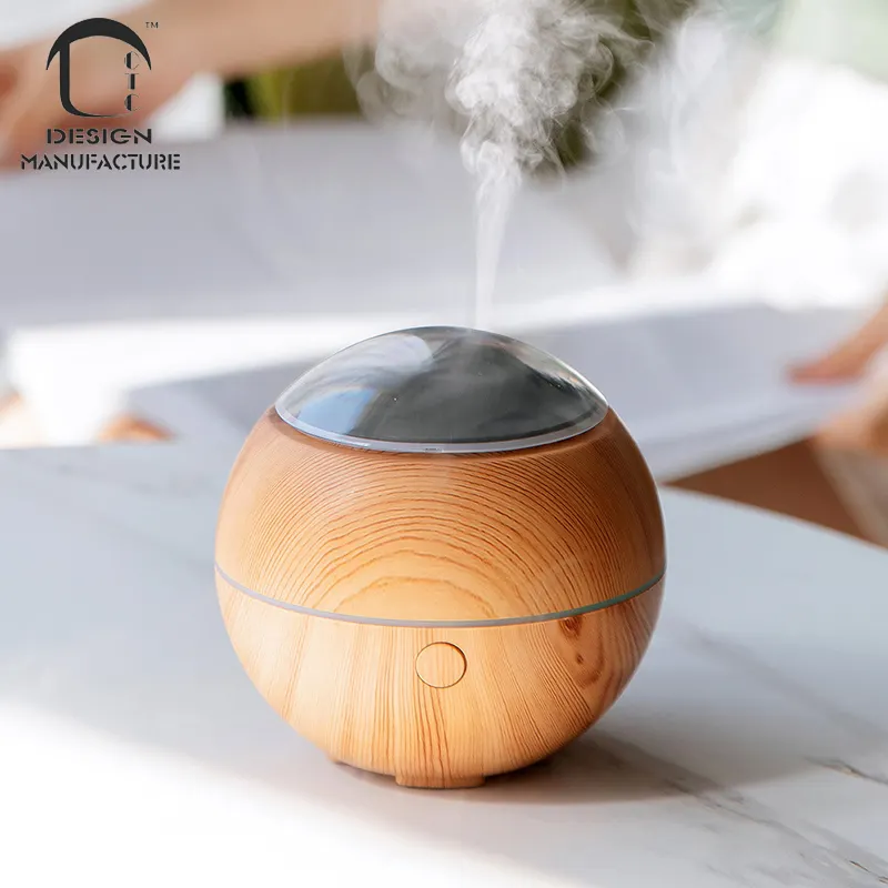 Humidificador de aire con 7 luces LED de noche, humidificador de aire de aceite esencial con diseño de bola de grano de madera de 100ml, escritorio de fábrica, nuevo