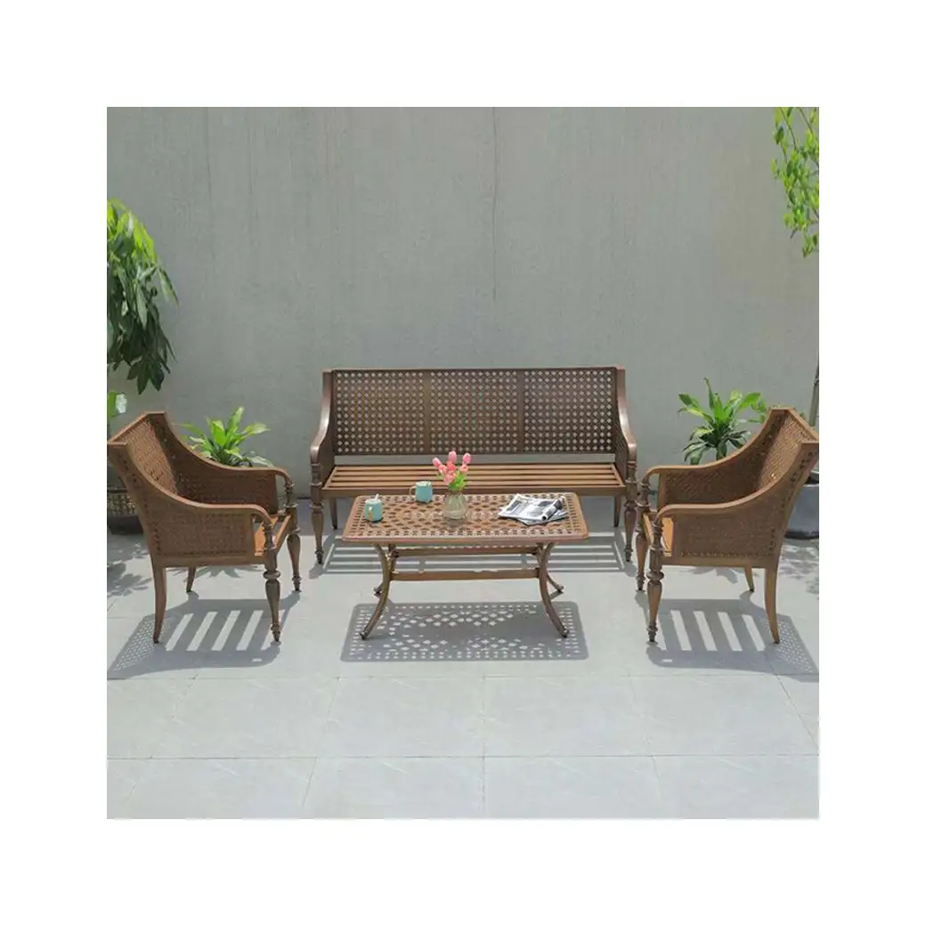 Combinación de sofá para exteriores, mesa y silla de hierro forjado para patio de aluminio fundido, muebles de jardín europeos dobles
