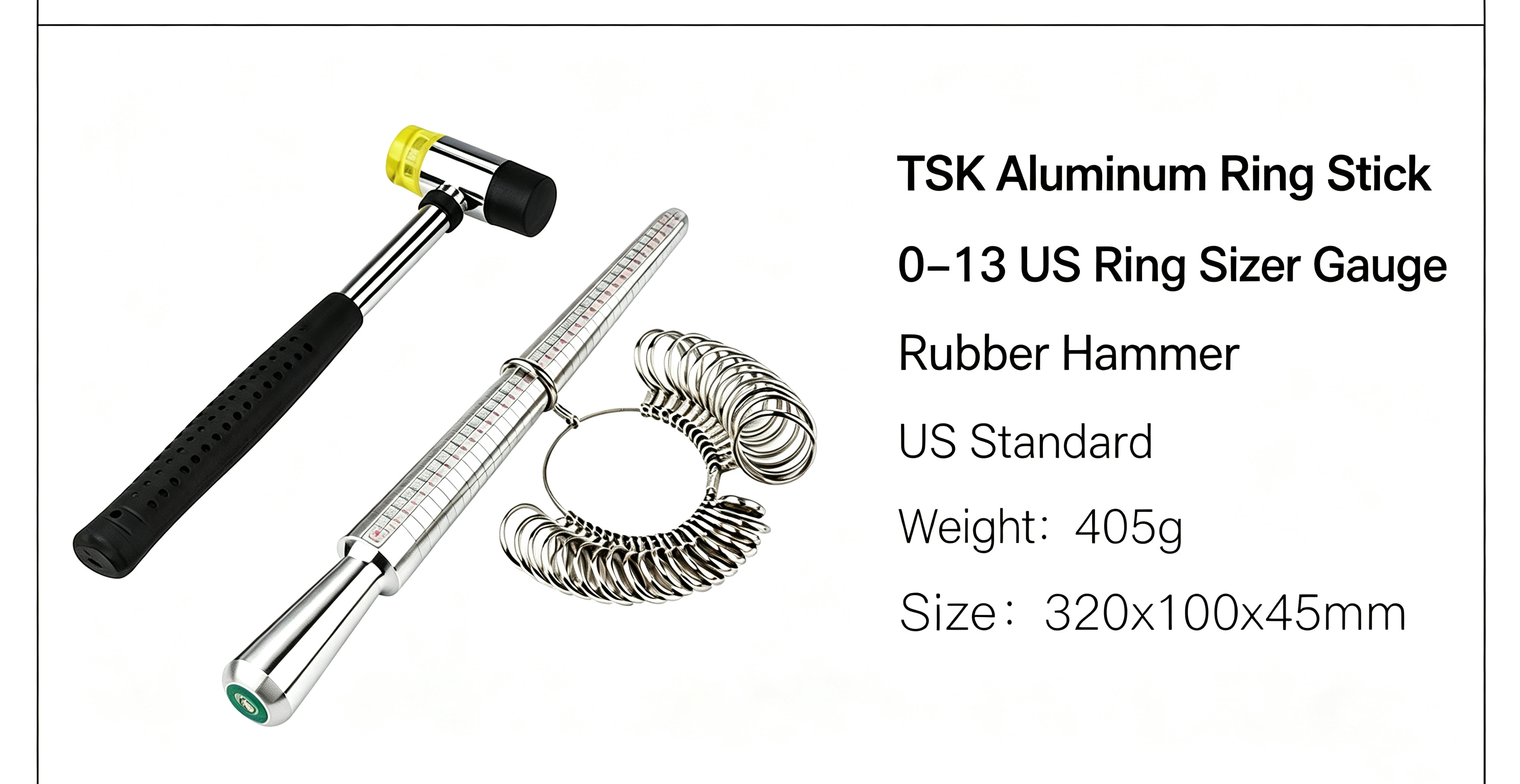 Ring Stick With 0-13 US Ring Sizer Gauge And Rubber Hammer