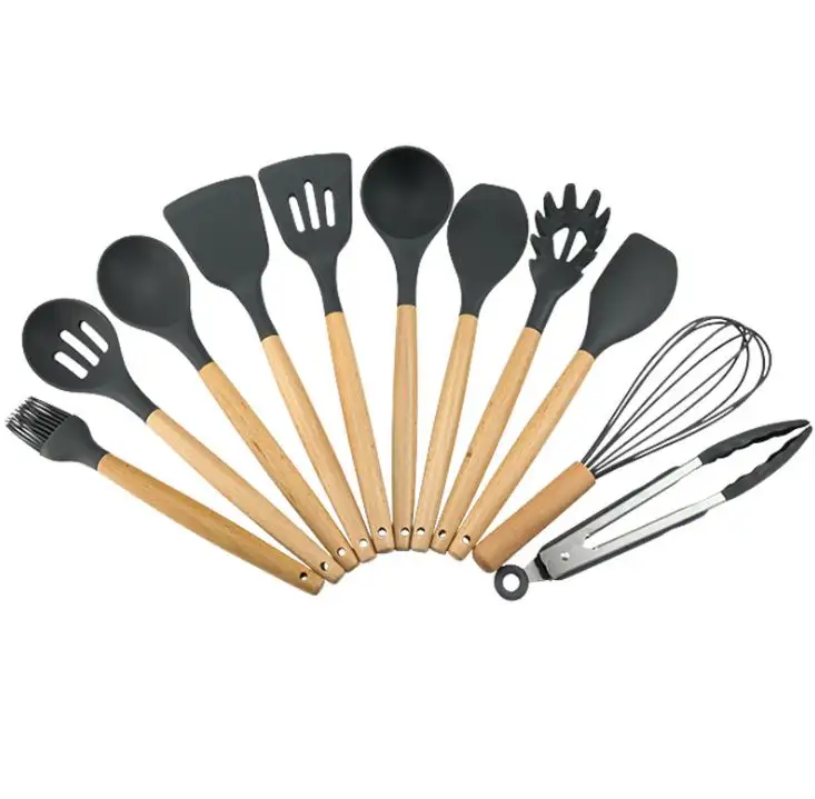 Juego de utensilios de cocina antiadherentes de silicona, mango de madera, color rosa, 9 piezas, 11 piezas