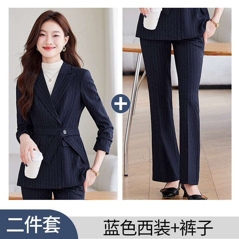 Blue striped suit trousers belt