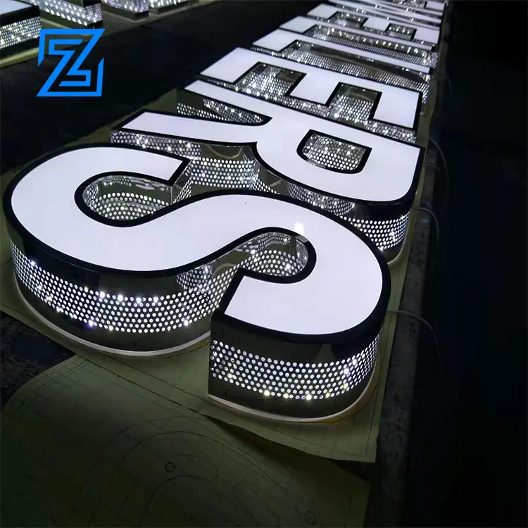 Tanda Toko 3D Akrilik + Baja Nirkarat Tahan Air Papan Tanda Terbuka LED Papan Neon Led Surat Saluran Luar Ruangan LED Logo 3D