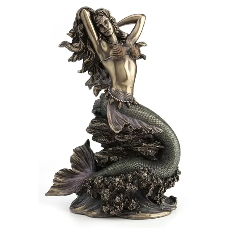 Özel vintage heykel heykelcik güzel bronz mermaid üzerinde oturan kaya heykeli