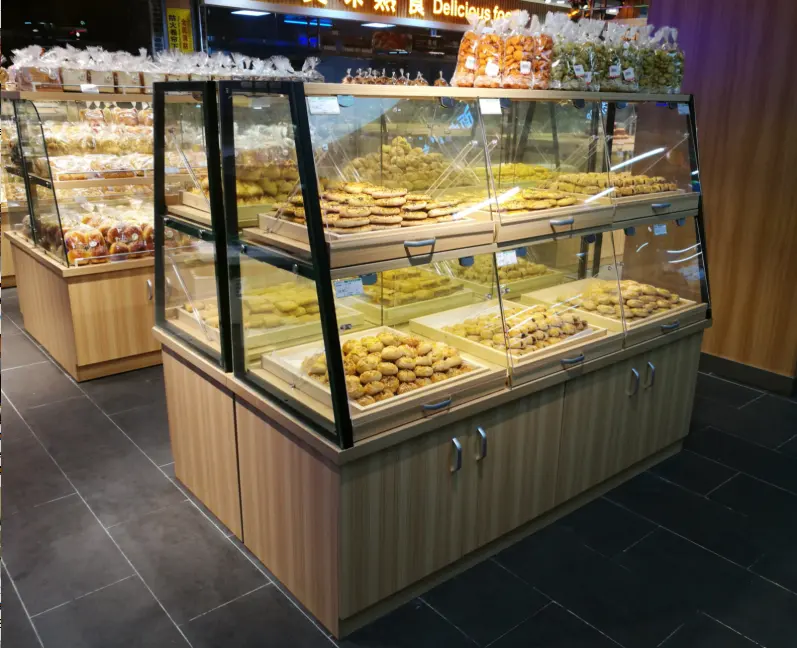 Soporte de exhibición de pan de madera, vitrina de exhibición de panadería, estante de exhibición de pan de pastel
