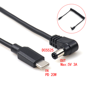 Tipo C macho a DC5525 macho en ángulo recto Boost entrada de cable en espiral 5V salida 3A con función de señuelo de cinta