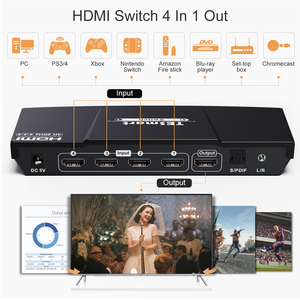 Interruptor divisor de 4 puertos 4x1 HDMI, 4k @ 60Hz con salida de Audio adicional, compatible con detección de entrada automática S/PDIF L/R, conmutador HDMI