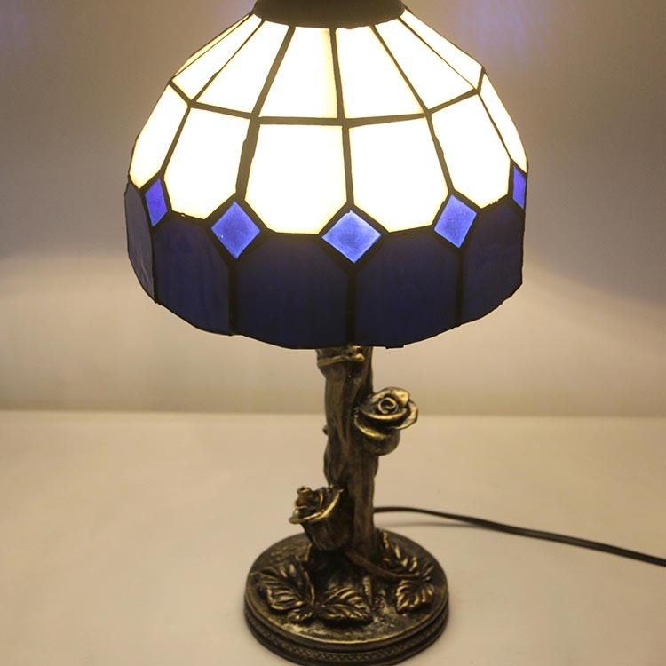 LongHuiJing Blue Retro Stained Glass Tiffany Style Table Lamp Bedside Reading Lamp