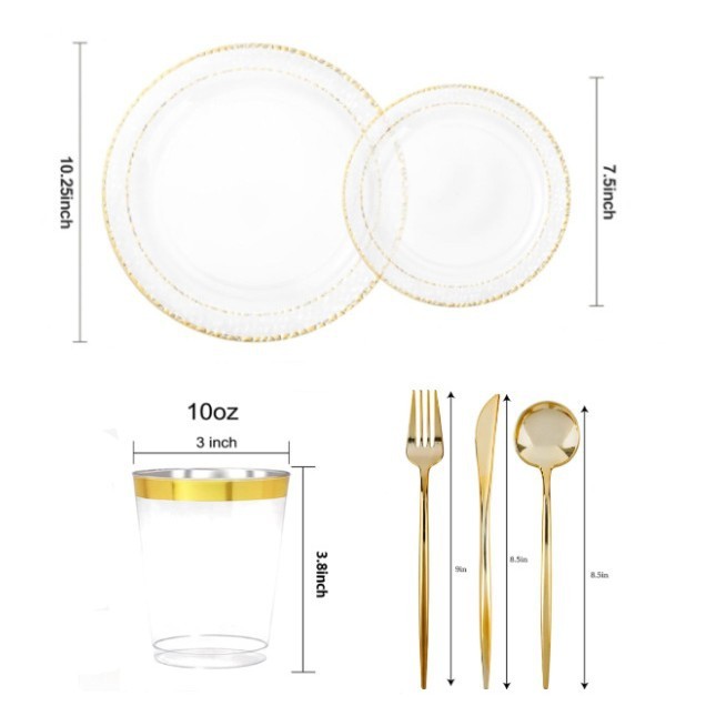 Plato de granada con fondo transparente y borde dorado - Cuchillo de oro macizo.