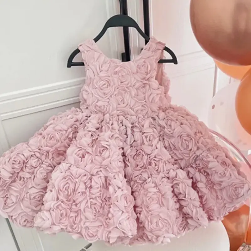 OEM al por mayor niñas vestido de fiesta Rosa flor 3D niños ropa S02