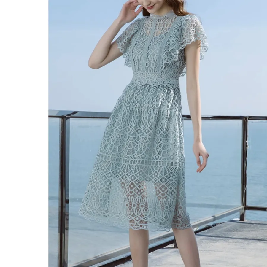 Elegant Summer New Lotus Leaf Cuff Design with Water soluble Hollow Lace Hook Flower Plus Size Dress for Women