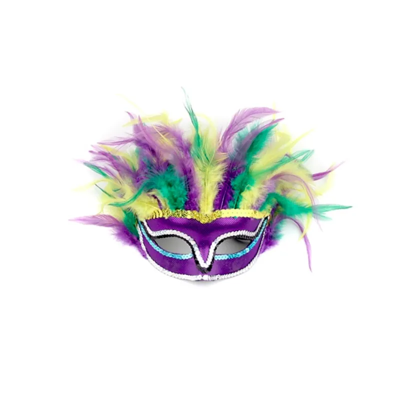 Mascarilla de plumas de Mardi Gras, máscara de plumas para fiesta de carnaval, color dorado, verde y morado