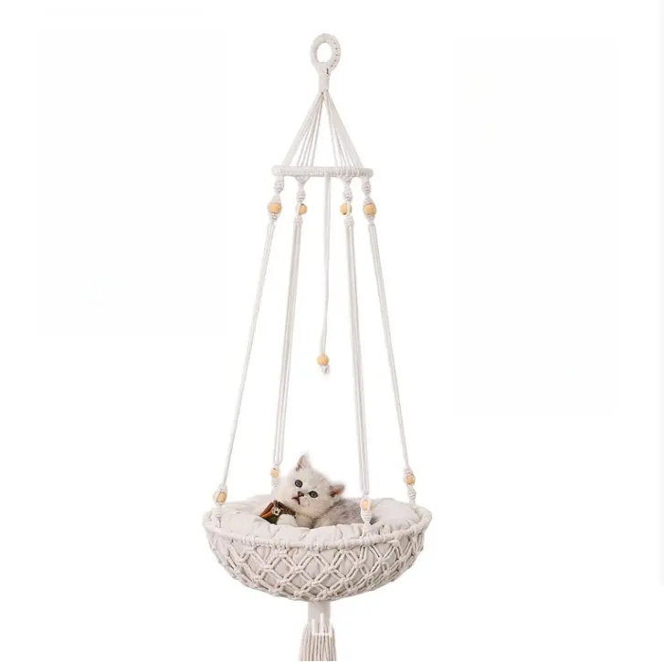 Macrame Hammock Handwoven Boho Cat Swing with Hanging Kit for Indoor Outdoor Home Decor Hang on Wall Bed for Sleeping Playing